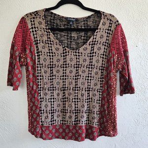 Lucky Brand Small Boho Tribal Print Patchwork Mixed Media Short Sleeve Top Shirt
